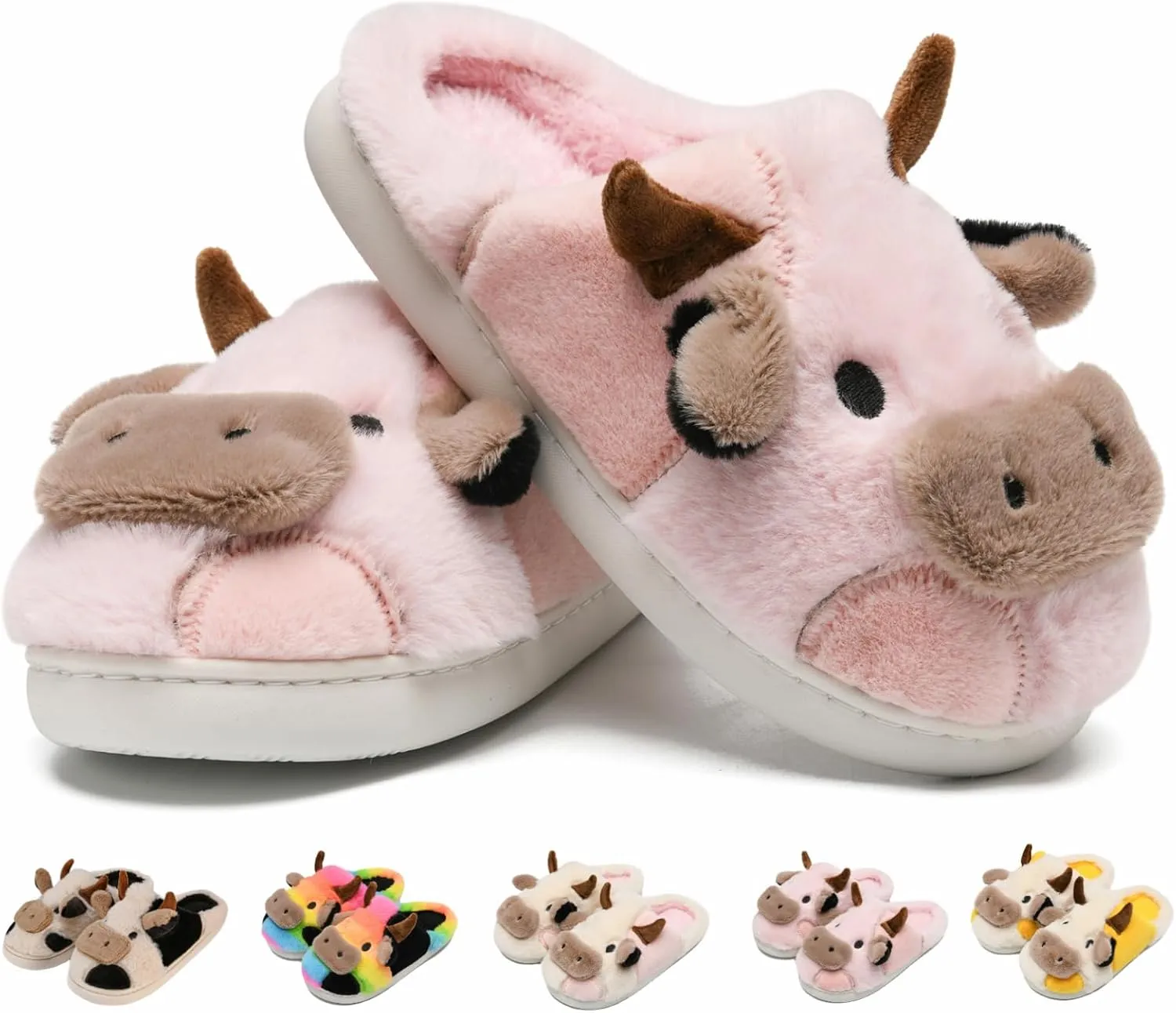 Cow Cotton Slippers, Thick Sole Kawaii Fluffy Winter Indoor Outdoor Cute Slippers for Women and Men
