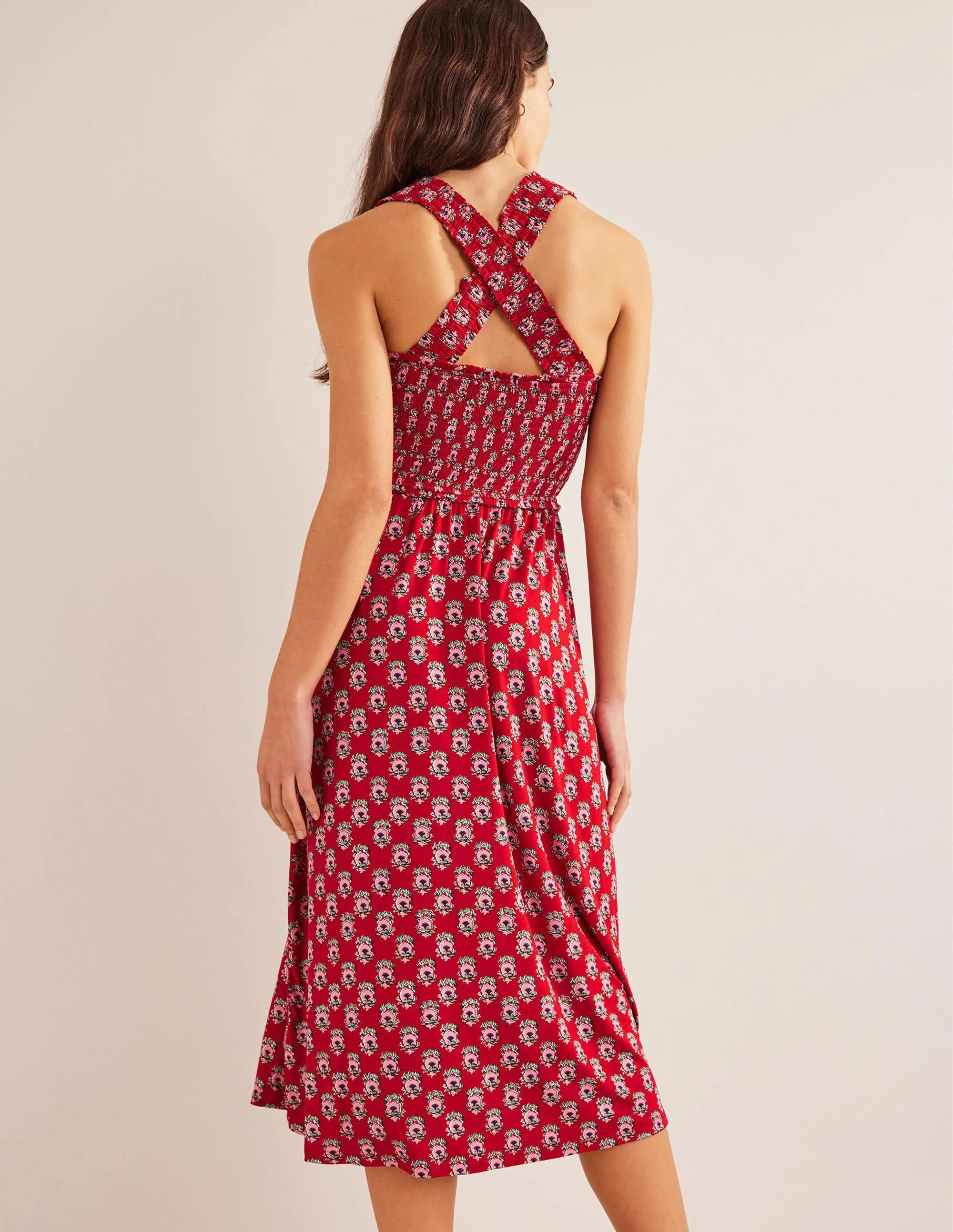 Cross Back Jersey Midi Dress-Poinsettia, Dainty Floret