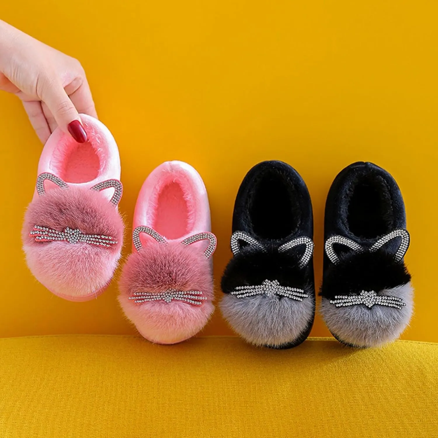 Cute Cat Cozy Slippers for Kids Warm Plush Winter Cotton Furry House Slipper Girls Boys Fuzzy Warm Bedroom House 11
