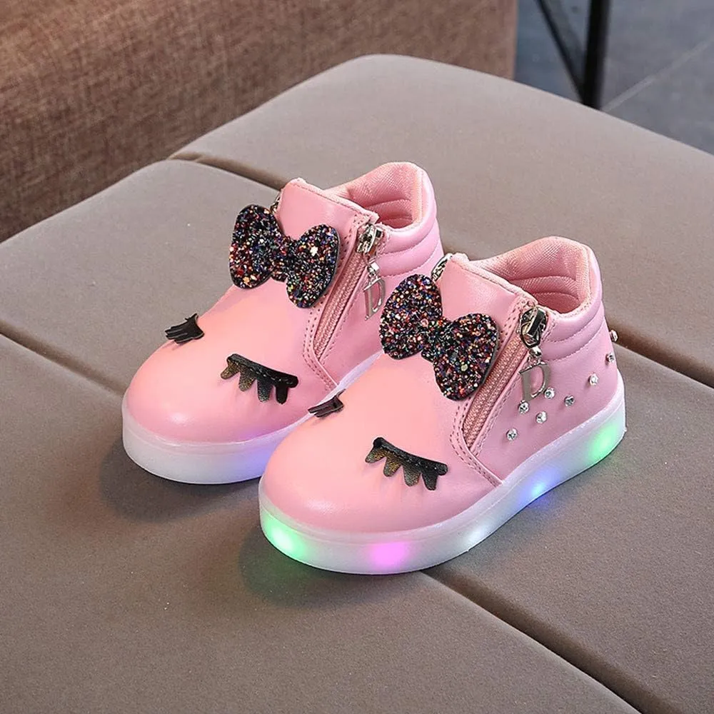 Girls Boots Baby Toddler Fashion Short Booties Cute Bowknot Crystal Boots Shoes Kids Zipper Led Luminous Sneaker