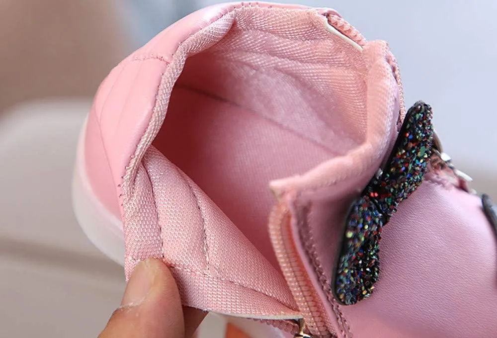 Girls Boots Baby Toddler Fashion Short Booties Cute Bowknot Crystal Boots Shoes Kids Zipper Led Luminous Sneaker