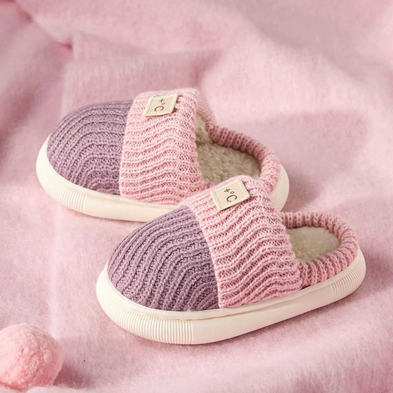 Kids Knit Flat Fuzzy Slippers Girls Boys Cotton Cozy Slippers Bedroom House Slippers Winter Warm Indoor Shoes