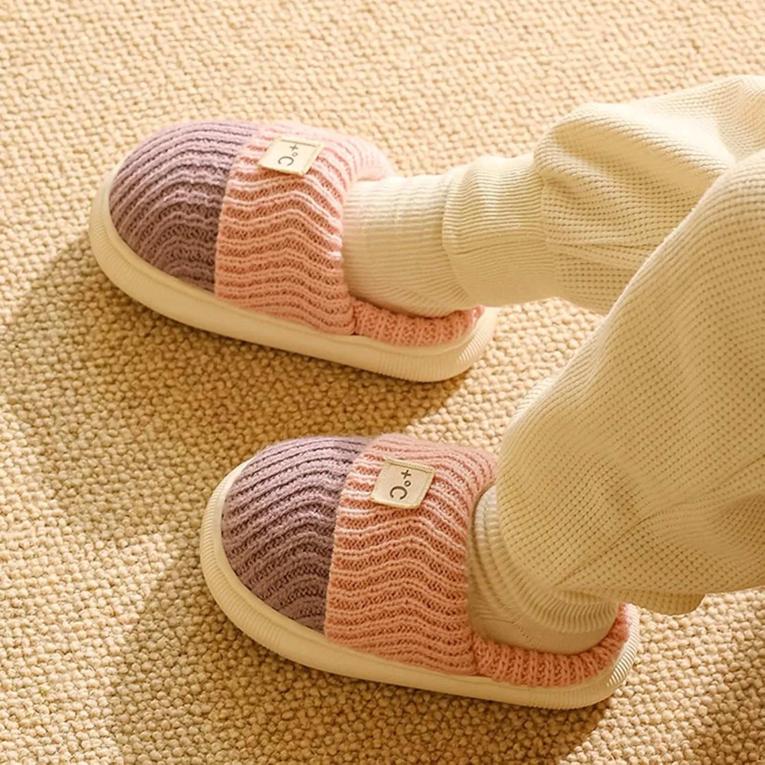 Kids Knit Flat Fuzzy Slippers Girls Boys Cotton Cozy Slippers Bedroom House Slippers Winter Warm Indoor Shoes