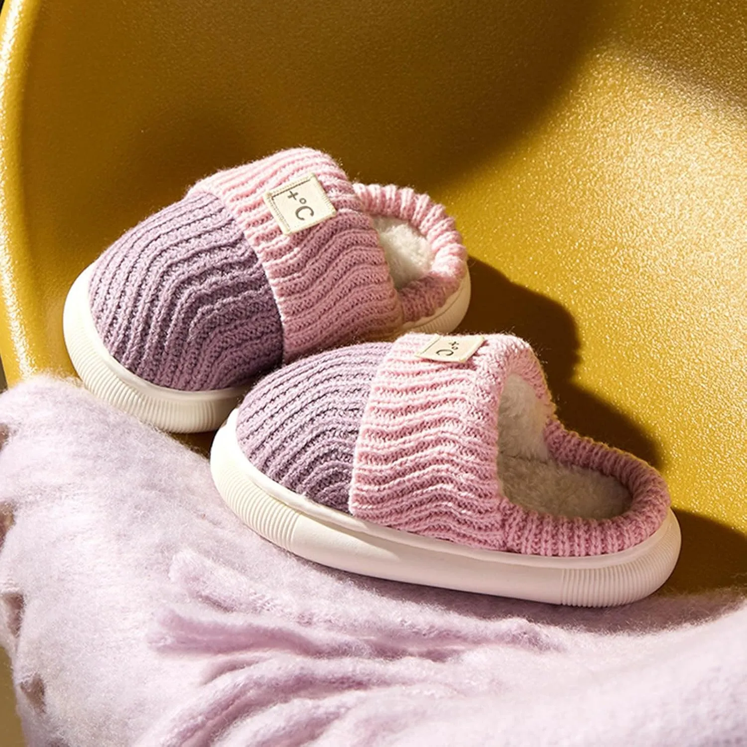Kids Knit Flat Fuzzy Slippers Girls Boys Cotton Cozy Slippers Bedroom House Slippers Winter Warm Indoor Shoes