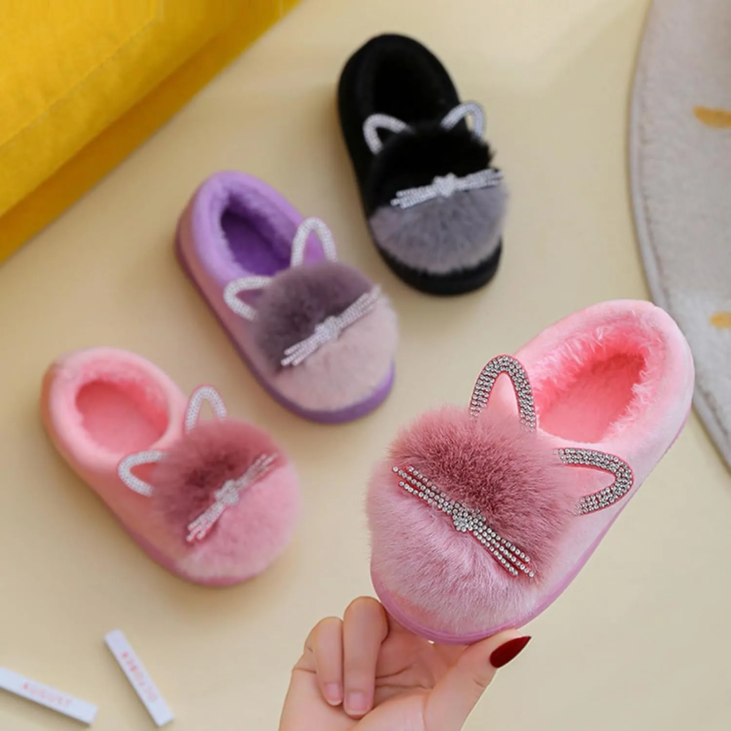 Little Boys House Slippers, Kids Cute Cat Warm Slip On Home Slippers Winter Non Slip Indoor Cotton Slippers