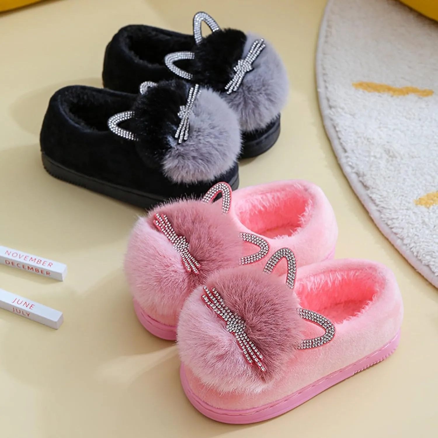Little Boys House Slippers, Kids Cute Cat Warm Slip On Home Slippers Winter Non Slip Indoor Cotton Slippers