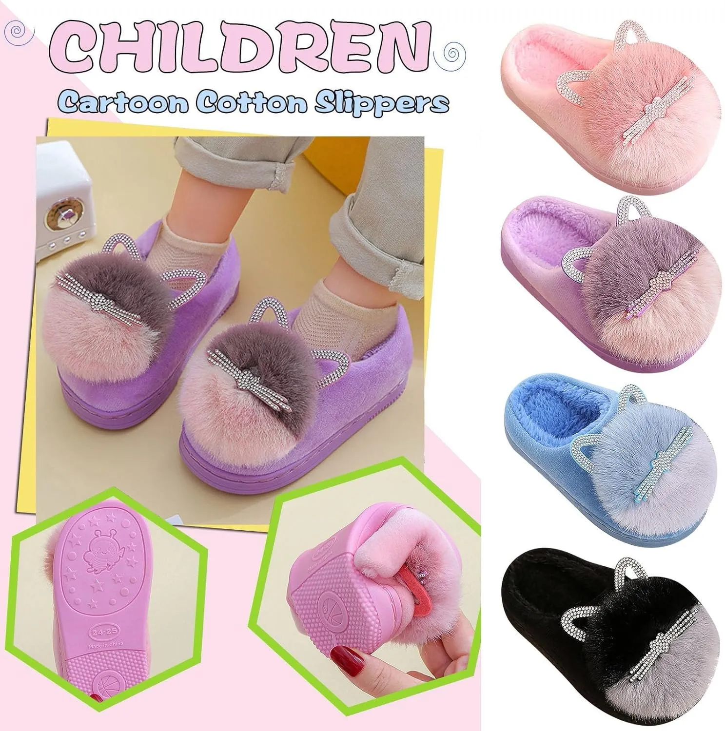 Little Boys House Slippers, Kids Cute Cat Warm Slip On Home Slippers Winter Non Slip Indoor Cotton Slippers