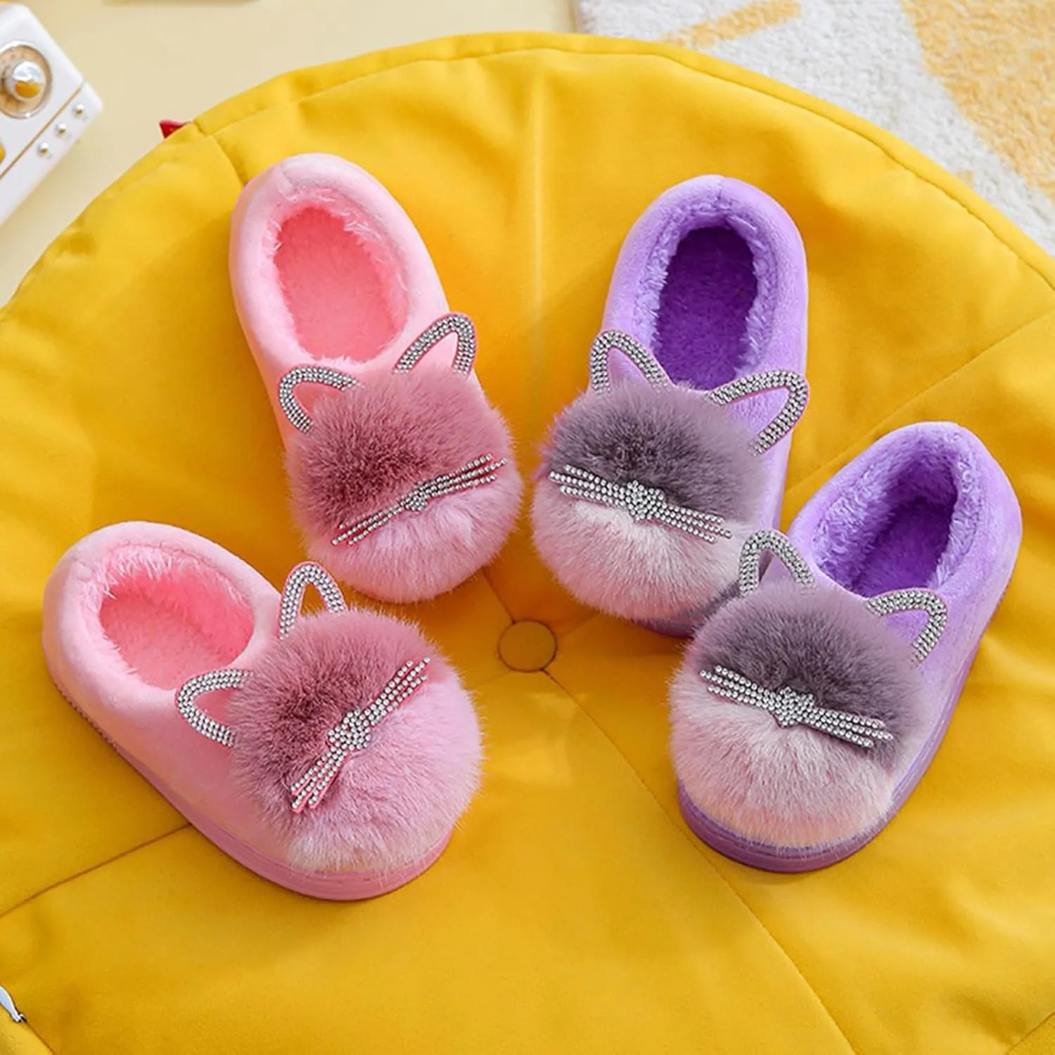 Little Boys House Slippers, Kids Cute Cat Warm Slip On Home Slippers Winter Non Slip Indoor Cotton Slippers