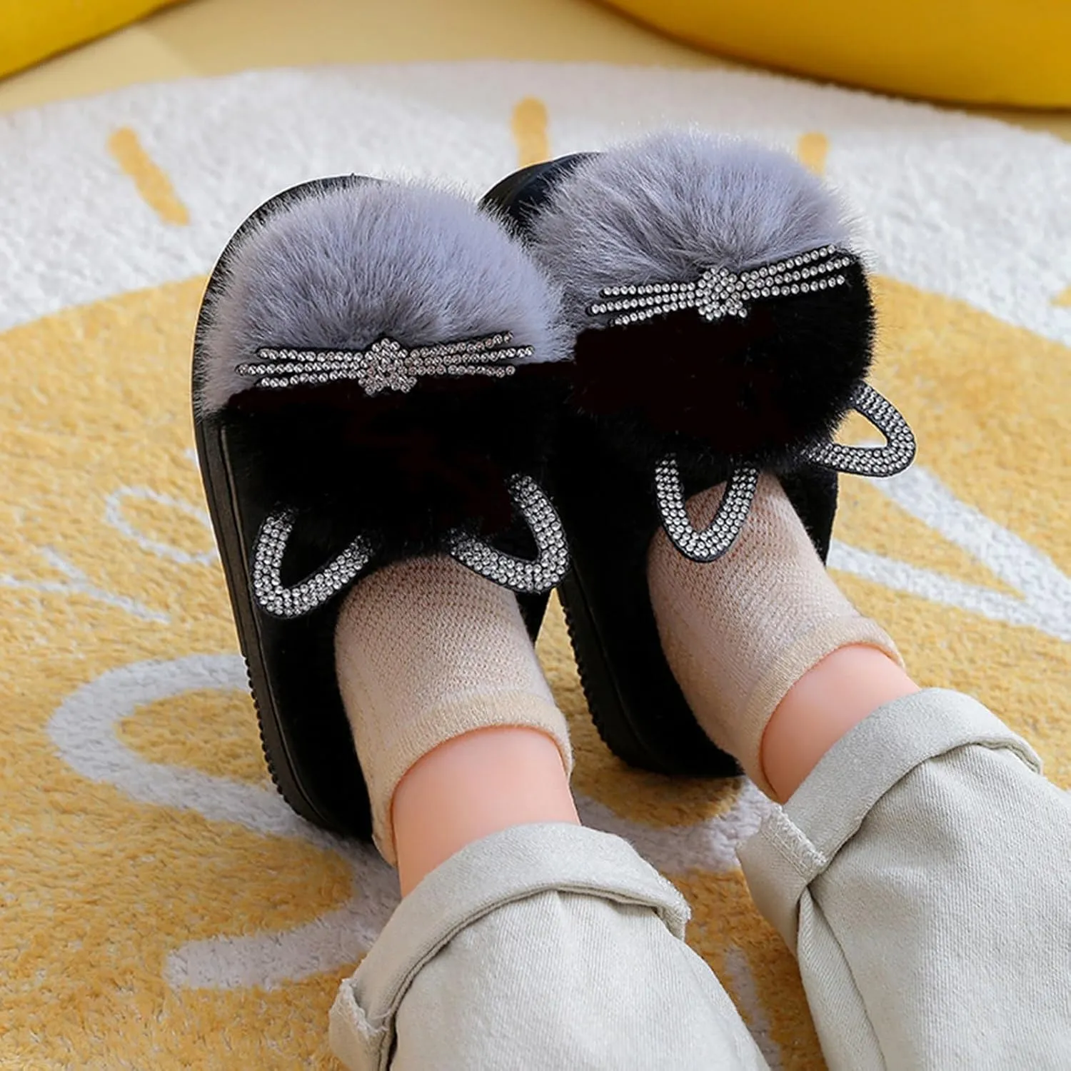 Little Boys House Slippers, Kids Cute Cat Warm Slip On Home Slippers Winter Non Slip Indoor Cotton Slippers