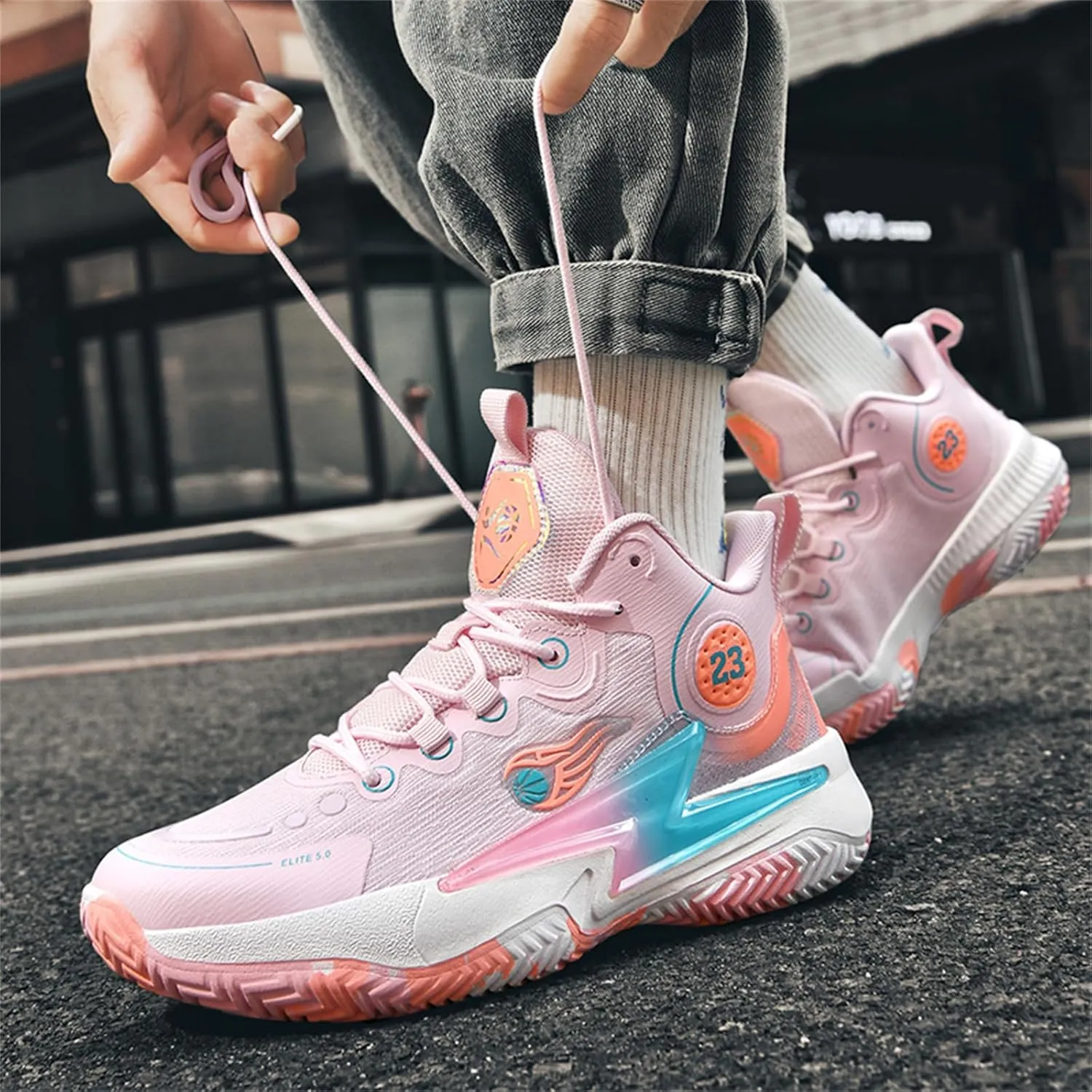 Men??S 23 High Top Basketball Shoes with Arch Support Lace Up Fashion Graffiti Style Sports Shoes Light Tennis Shoes Actual Combat Shoes Outdoor Sneakers
