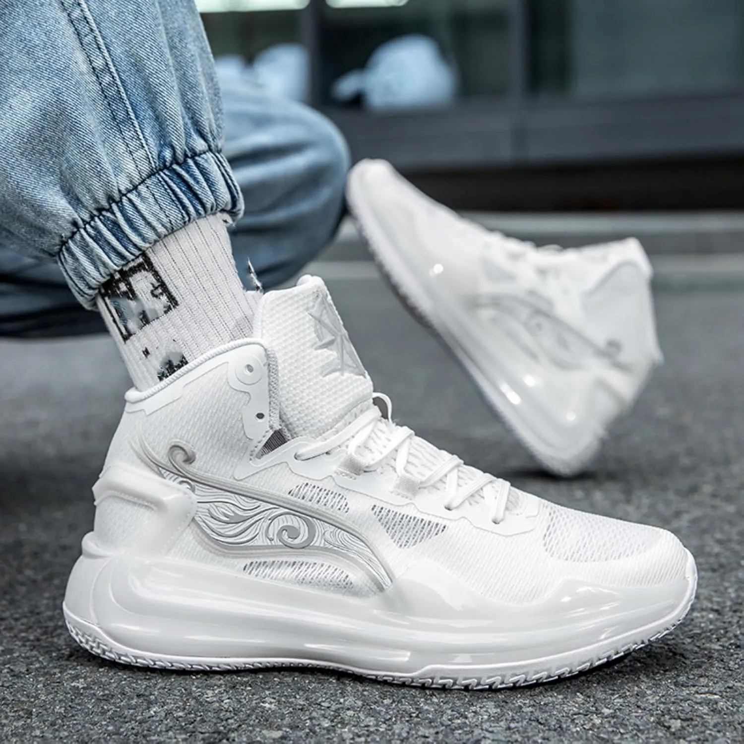 Mens Fashion Breathable Mesh High Top Lace Up Basketball Shoes Non Slip Lightweight Sport Sneakers for Walking Running Tennis Volleyball