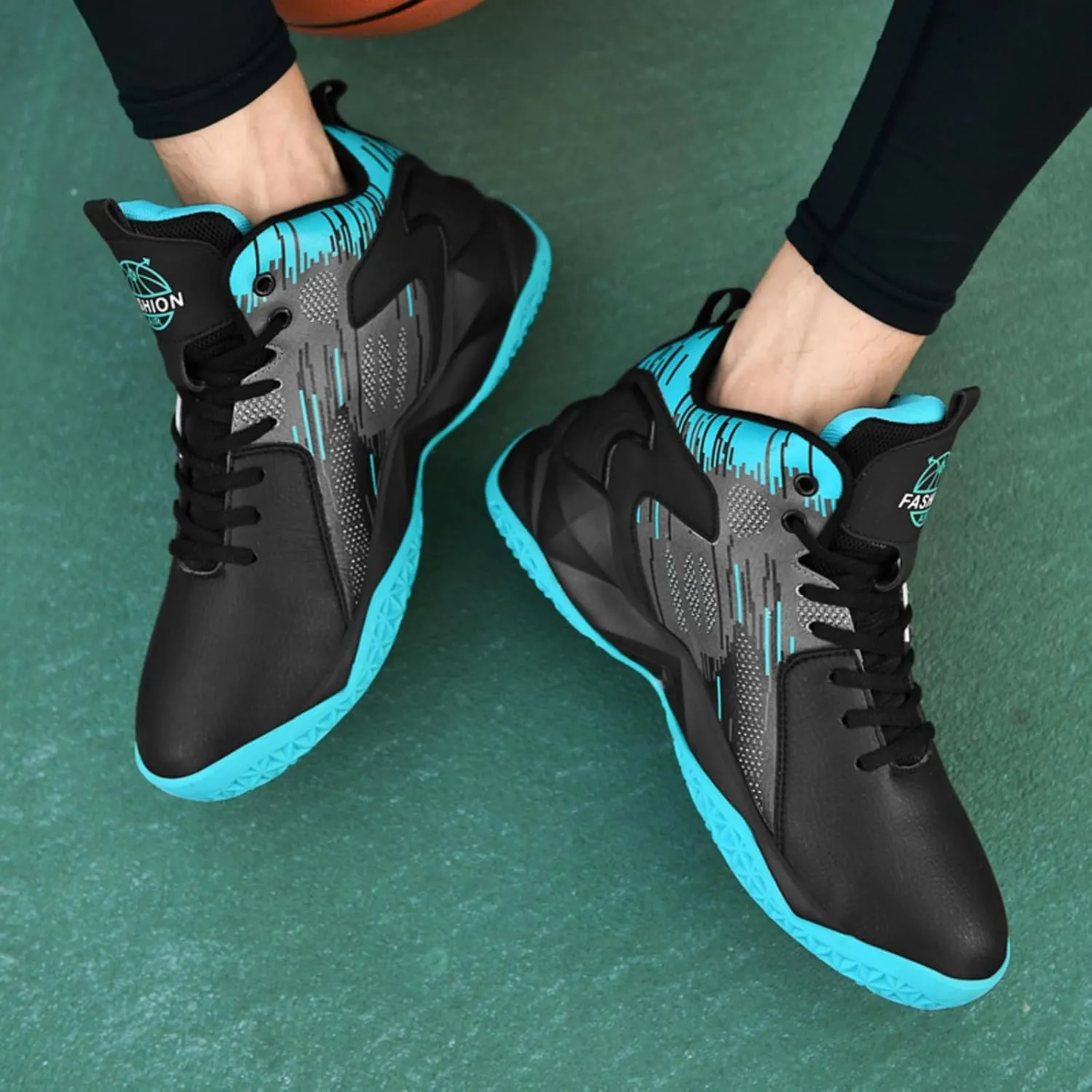 Mens High Top Leather Lace Up Basketball Sport Shoes Fashion Classics Non Slip Chunky Sneakers for Walking Running Tennis Volleyball (Black White,7.5)