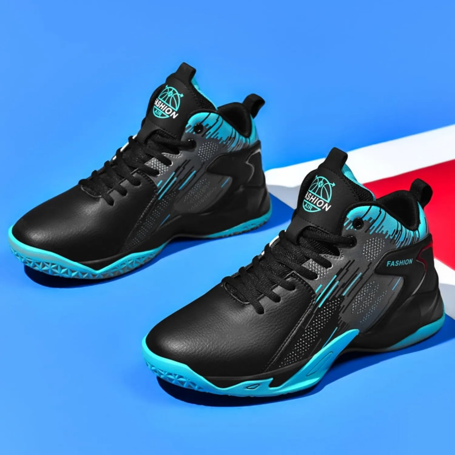 Mens High Top Leather Lace Up Basketball Sport Shoes Fashion Classics Non Slip Chunky Sneakers for Walking Running Tennis Volleyball (Black White,7.5)
