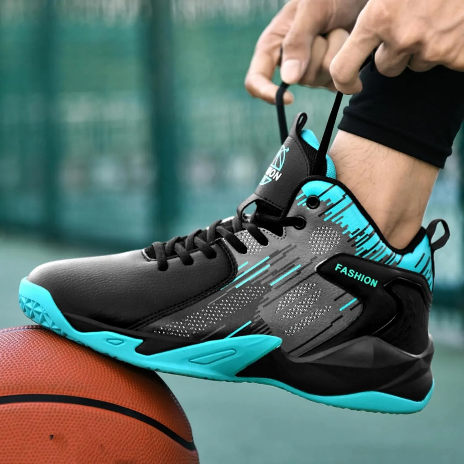 Mens High Top Leather Lace Up Basketball Sport Shoes Fashion Classics Non Slip Chunky Sneakers for Walking Running Tennis Volleyball (Black White,7.5)