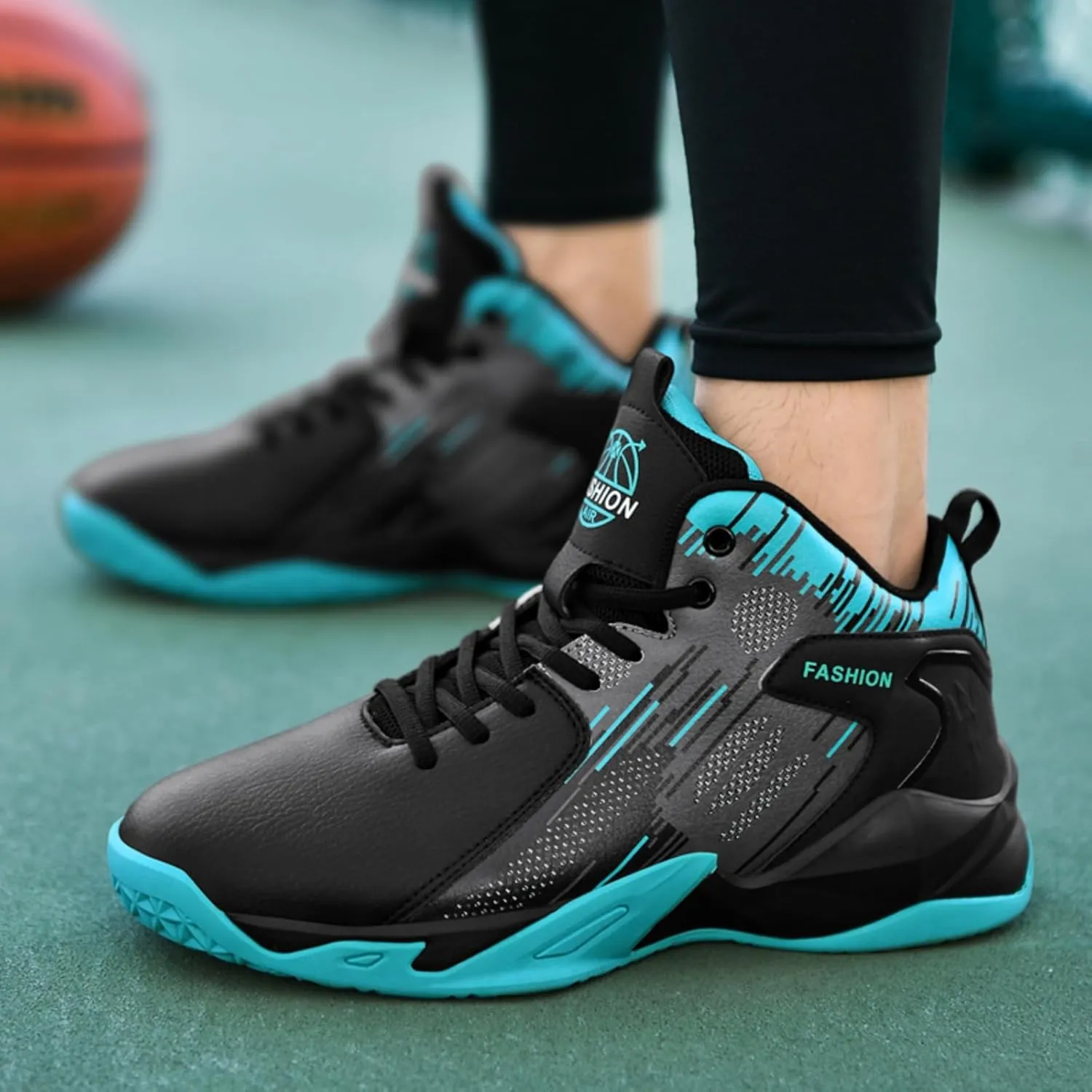 Mens High Top Leather Lace Up Basketball Sport Shoes Fashion Classics Non Slip Chunky Sneakers for Walking Running Tennis Volleyball (Black White,7.5)
