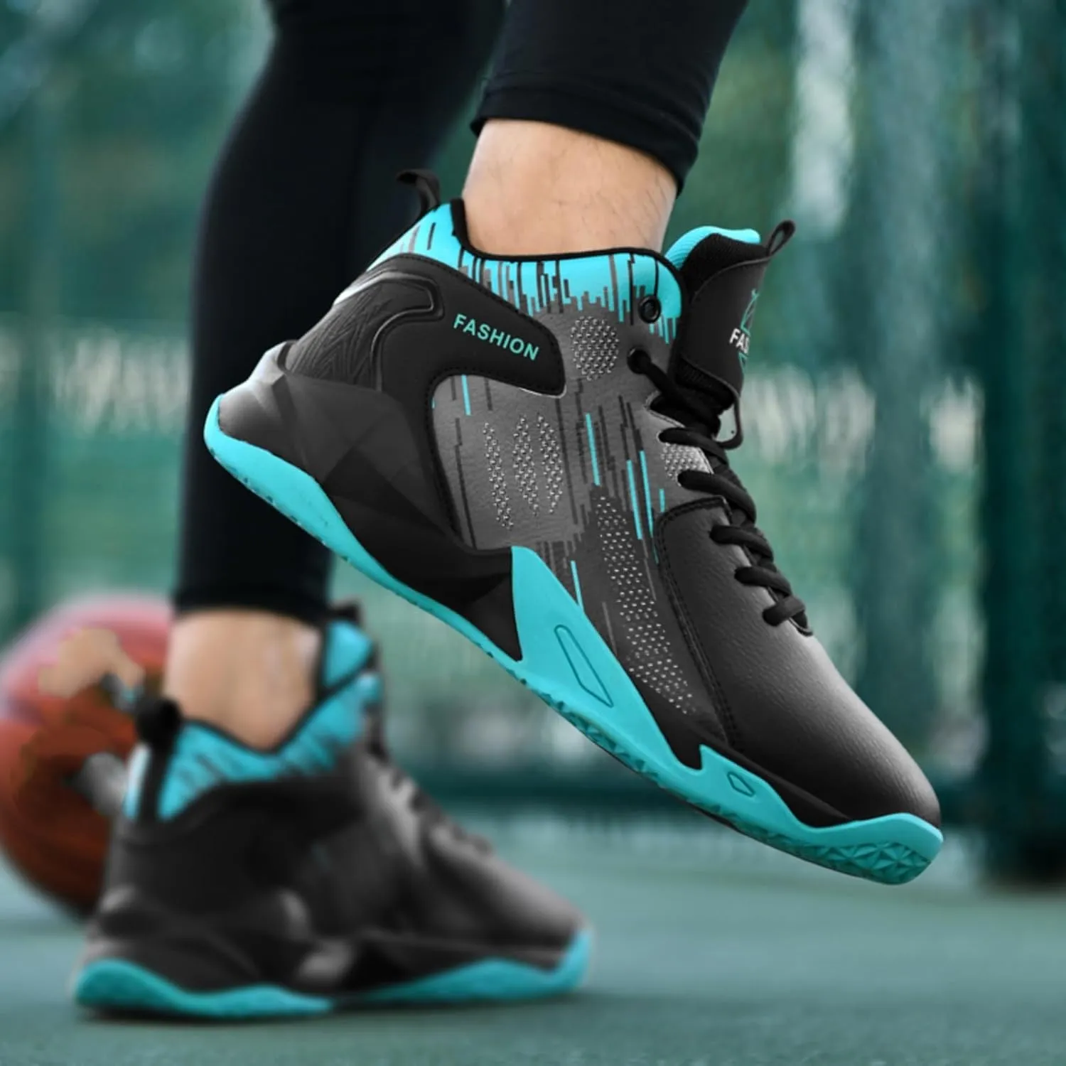 Mens High Top Leather Lace Up Basketball Sport Shoes Fashion Classics Non Slip Chunky Sneakers for Walking Running Tennis Volleyball (Black White,7.5)