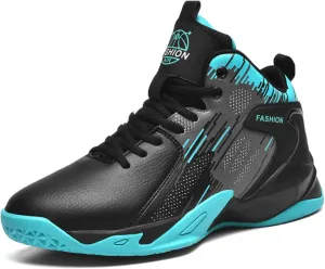 Mens High Top Leather Lace Up Basketball Sport Shoes Fashion Classics Non Slip Chunky Sneakers for Walking Running Tennis Volleyball (Black White,7.5)