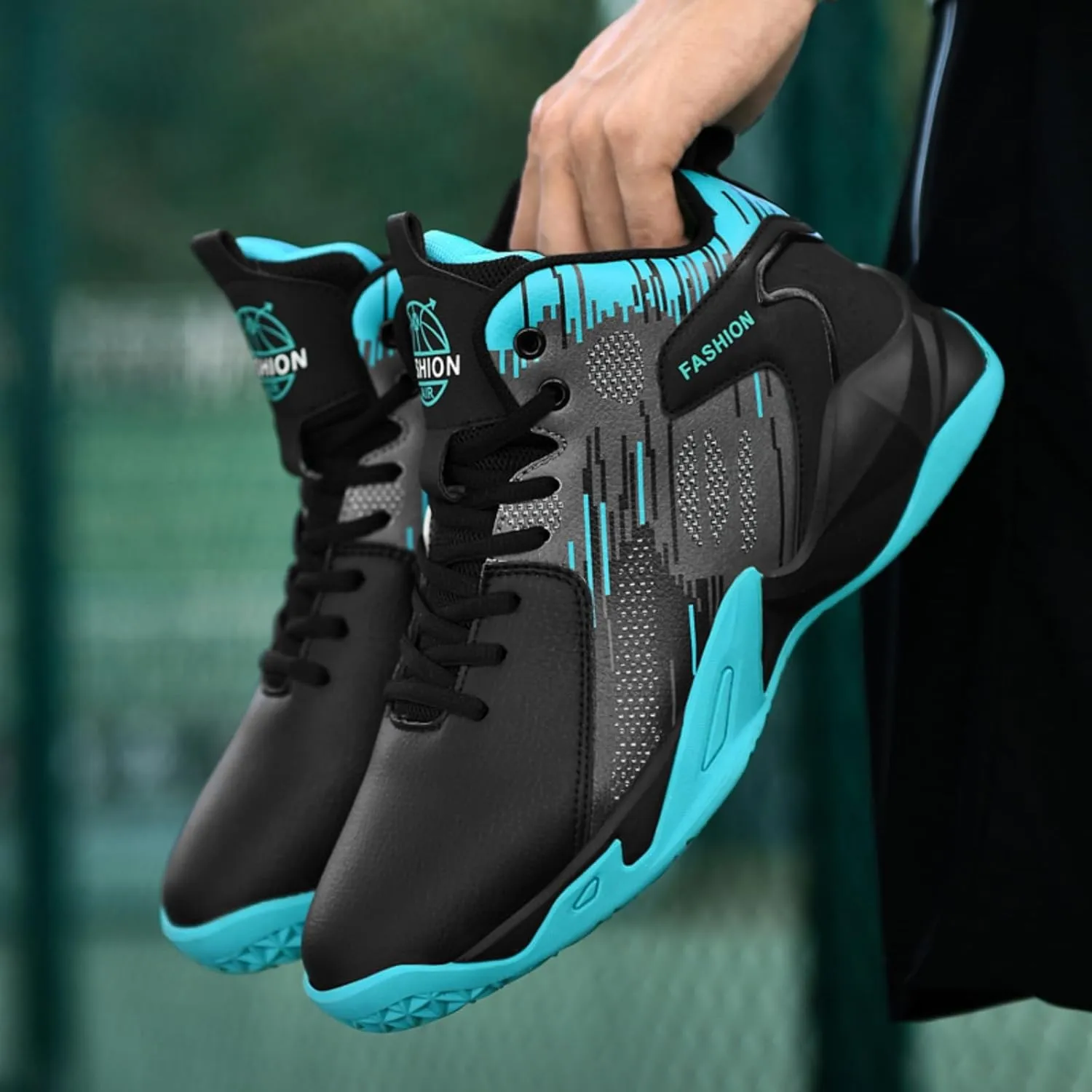 Mens High Top Leather Lace Up Basketball Sport Shoes Fashion Classics Non Slip Chunky Sneakers for Walking Running Tennis Volleyball (Black White,7.5)