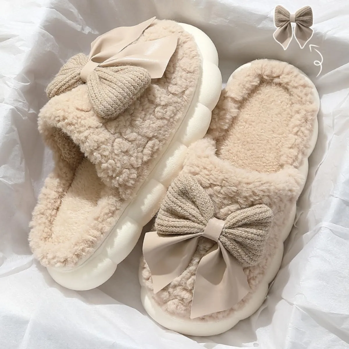 Plush Cute Bow Slippers for Women ?C Furry Comfy Indoor Outdoor Non-Slip House Slippers