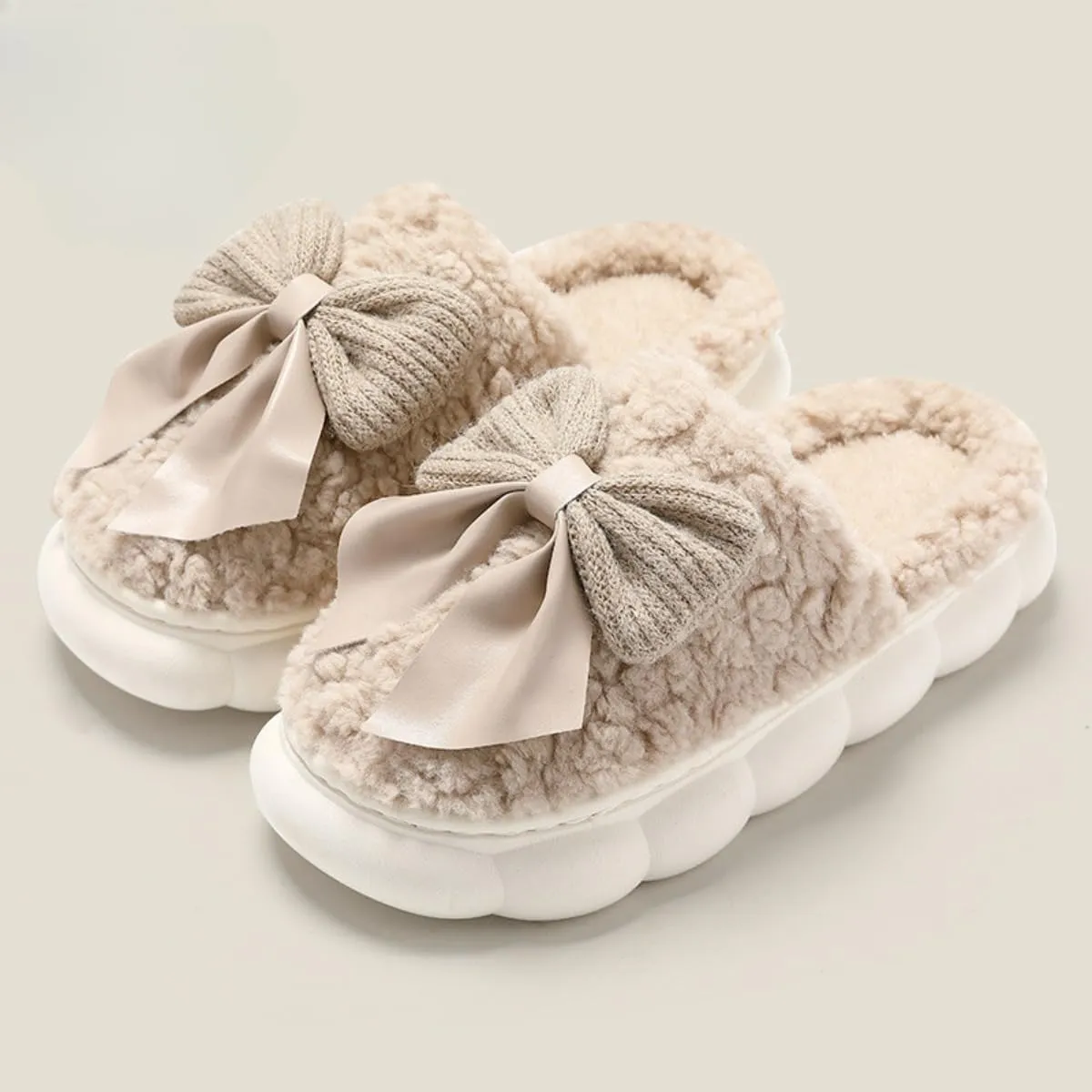Plush Cute Bow Slippers for Women ?C Furry Comfy Indoor Outdoor Non-Slip House Slippers
