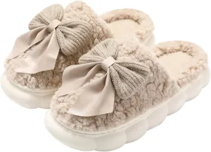 Plush Cute Bow Slippers for Women ?C Furry Comfy Indoor Outdoor Non-Slip House Slippers