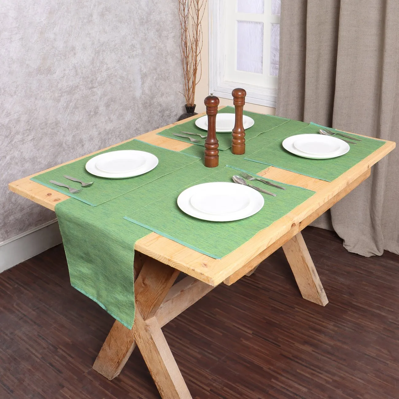  REDEARTH  Placemats-Two Tone Ribbed Woven Table Linen for Square, Round, Rectangle Dining Table, Coffee Table, Console, Dresser; 100% Cotton (14x20"; Green) Set of 6