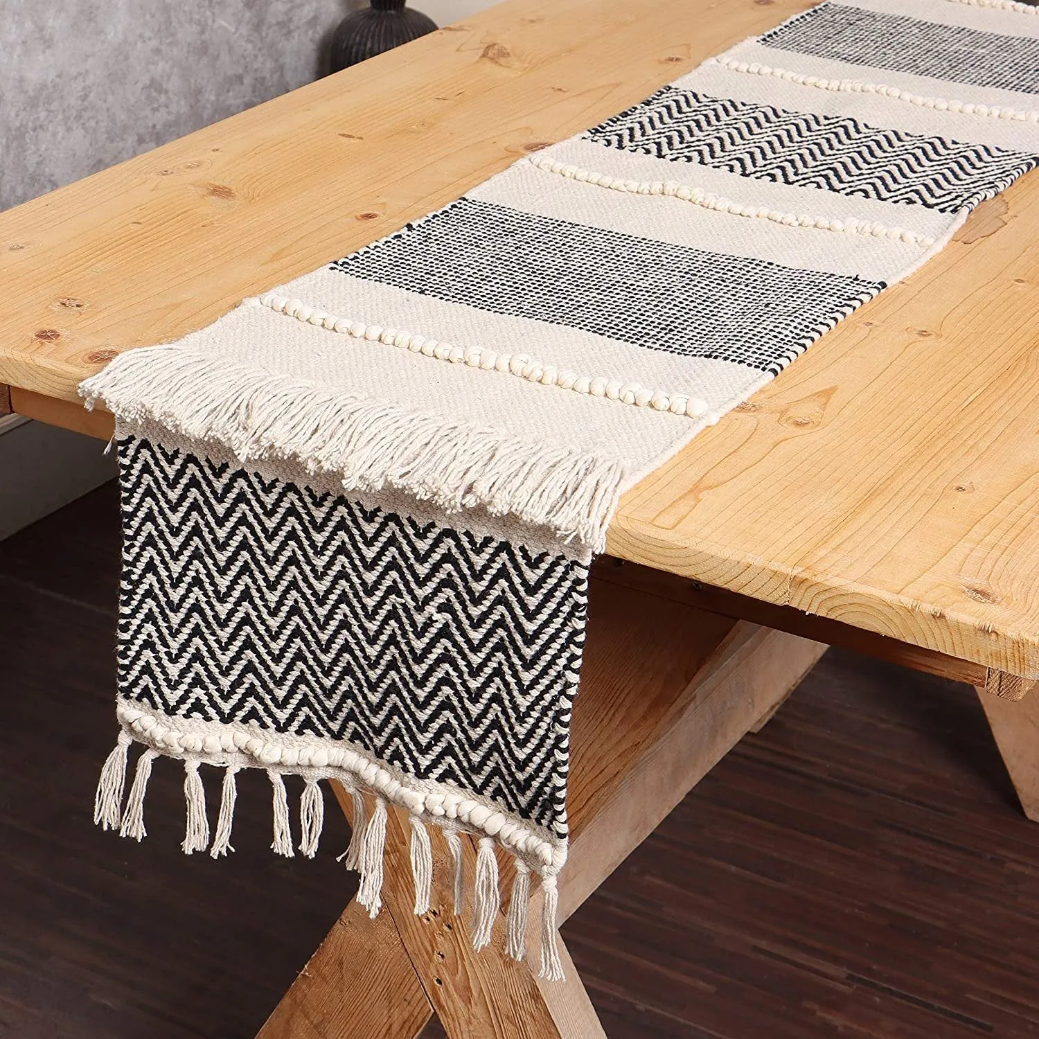 REDEARTH Table Runner-Hand Woven Exquisite Artisan Made Boho Decorative Table Runner for Dining Table, Coffee Table, Console, Dresser; 100% Cotton (13x72"; Black)