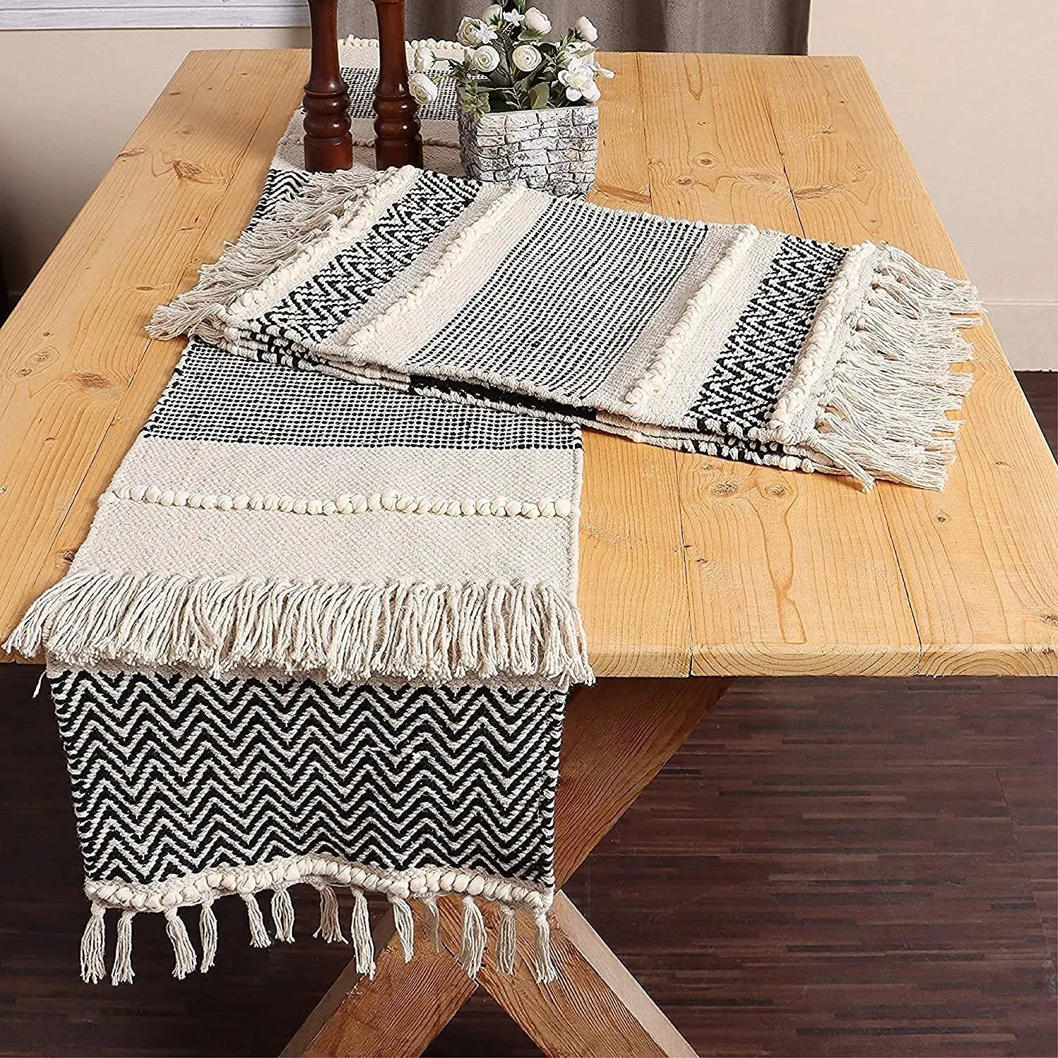 REDEARTH Table Runner-Hand Woven Exquisite Artisan Made Boho Decorative Table Runner for Dining Table, Coffee Table, Console, Dresser; 100% Cotton (13x72"; Black)