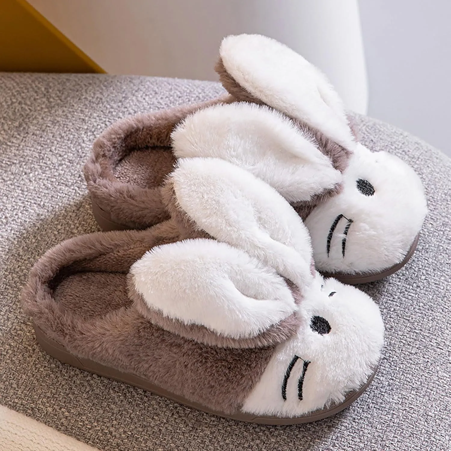 Sole Leather Bunny Ear Slippers for Toddler Baby Boys Girls Kids Fuzzy Non Slip Ankle Flat Shoes Indoor Bedroom Slipper