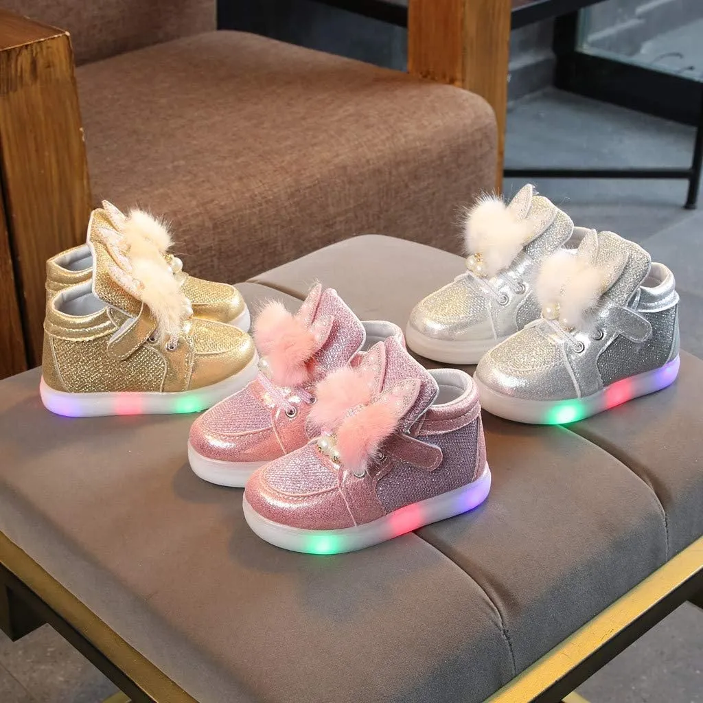 Toddler Baby Girls ??artoon Rabbit Luminous Sport Shoes Fashion Cute High Top Light Up Casual Walking Sneakers