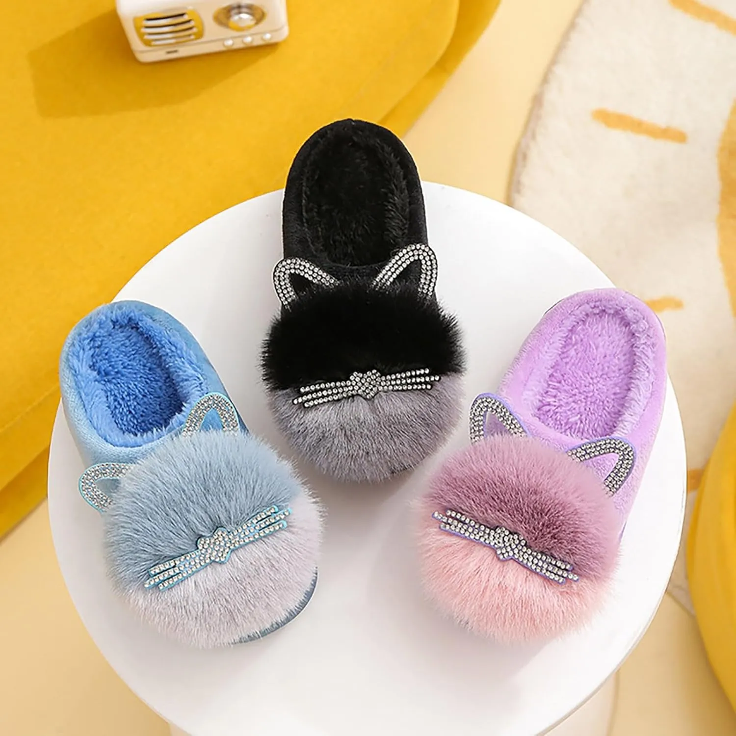 Toddler Girls Boys Fuzzy Cartoon Cat Slippers Kids Memory Foam Cute Plush Warm Cozy Lined Slippers Indoor House Shoes